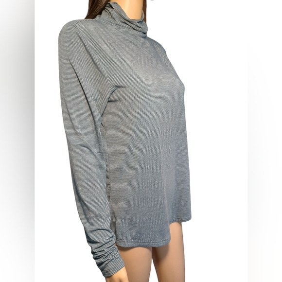 Toad & Co Pinstripe Turquoise Blue and Gray Turtleneck Size Small - Picture 2 of 14